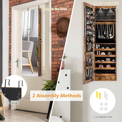 COSTWAY Wall Mounted Jewelry Armoire with Full Length Mirror & 2 LED Lights, Large Capacity, Lockable Mirror Jewelry Cabinet for Women Girls (Rustic Brown)