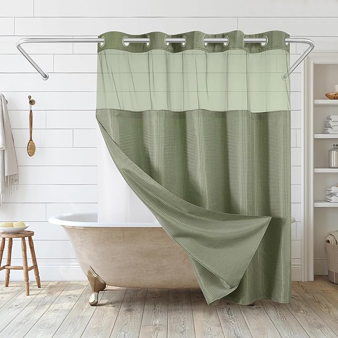 Americanflat 72x75 Hookless Waffle Pattern Shower Curtain - Water-Resistant Long Shower Curtain with Sheer Panel, Snap-in Liner, and Durable Grommets - 100% Polyester - Green