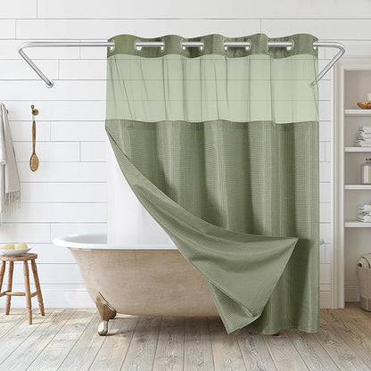 Americanflat 72x75 Hookless Waffle Pattern Shower Curtain - Water-Resistant Long Shower Curtain with Sheer Panel, Snap-in Liner, and Durable Grommets - 100% Polyester - Green