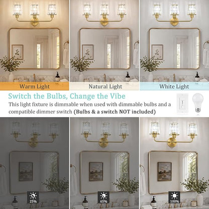 Brushed Gold Vanity Lights, 3-Light Crystal Bathroom Light Fixtures | Modern Bathroom Vanity Light E26 Wall Light over Mirror (Exclude Bulb)