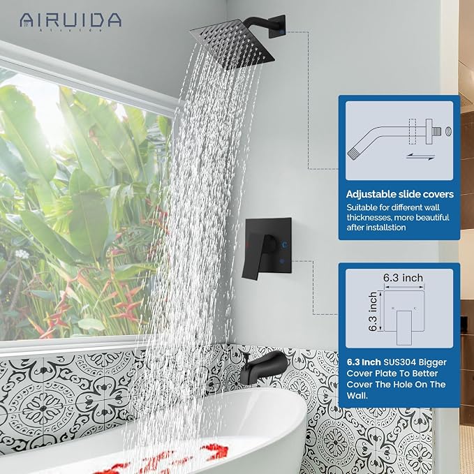 Airuida 6 Inch Shower Faucet Set,Bathtub Faucet Kit,Matte Black | Shower Tub Faucet Set,Male Threads Rough-In Valve,Square Head Shower System