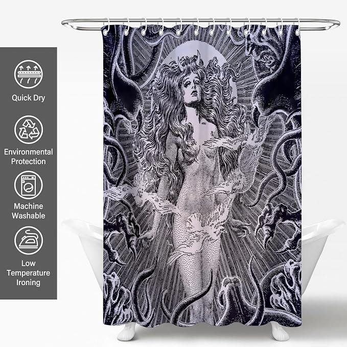 Gray White Gothic Snake Goddess Vintage Art Shower Curtain Set 72x72 Inches | Vintage Gothic Snake Goddess Myth Print, Dark Indie Home Guest Housewarming Dark Art Lover Bath Decor, With Fabric Hooks