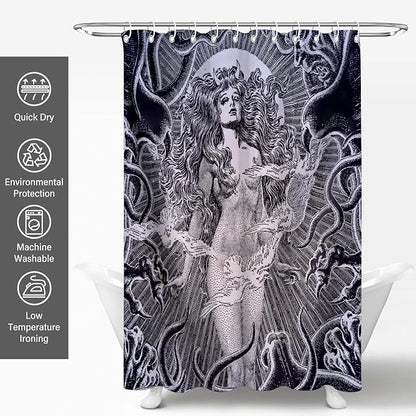 Gray White Gothic Snake Goddess Vintage Art Shower Curtain Set 72x72 Inches | Vintage Gothic Snake Goddess Myth Print, Dark Indie Home Guest Housewarming Dark Art Lover Bath Decor, With Fabric Hooks