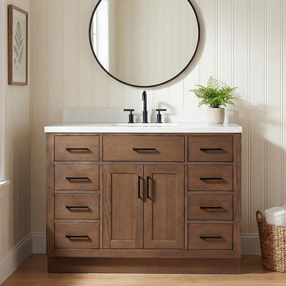 Isabella 48-Inch Brown Oak Single Bathroom Vanity with Sink, 1.5-Inch Edge Carrara White Quartz Countertop & 4" Backsplash, Soft-Closing Doors & Drawers, Solid Oak Wood Construction