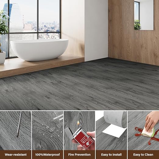 INMOZATA 36 Pack Peel and Stick Floor Tile Waterproof Vinyl Plank Flooring | 54 Sq.Ft, Heat-resistant, Wood Grain Self Adhesive Flooring for DIY Bedroom Living Room Bathroom Kitchen (Natural Gray)