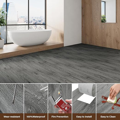 INMOZATA 36 Pack Peel and Stick Floor Tile Waterproof Vinyl Plank Flooring | 54 Sq.Ft, Heat-resistant, Wood Grain Self Adhesive Flooring for DIY Bedroom Living Room Bathroom Kitchen (Natural Gray)