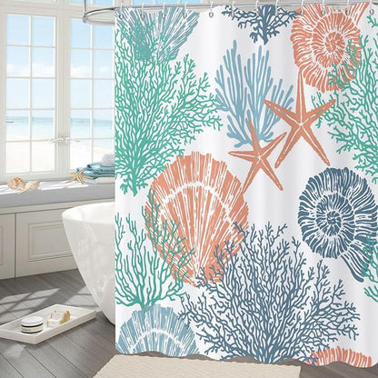 Nautical Coastal Shower Curtain, Green Navy Blue Orange Ocean Beach Seashell Starfish Themed Bathroom Curtain Waterproof Fabric Machine Washable with Hooks, 72" Wx84 L