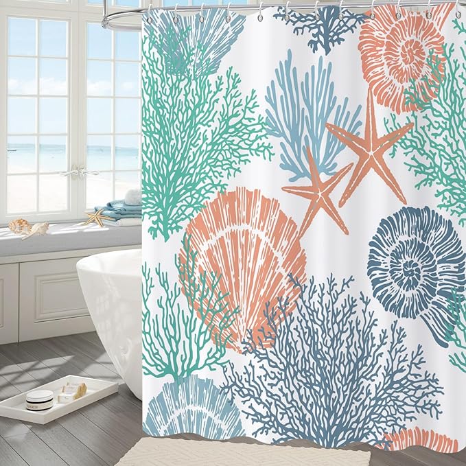 Nautical Coastal Shower Curtain, Green Navy Blue Orange Ocean Beach Seashell Starfish Themed Bathroom Curtain Waterproof Fabric Machine Washable with Hooks, 48" Wx72 L