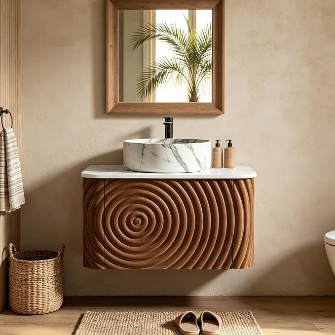 24" Floating Bathroom Vanity with Sink, Mid-Century Wall Mounted Bathroom Vanity Cabinet with Waved Decor, Marble Ceramic Basin, Sintered Stone Top, Soft Close Storage Drawer, Natural