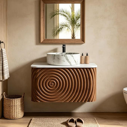 24" Floating Bathroom Vanity with Sink, Mid-Century Wall Mounted Bathroom Vanity Cabinet with Waved Decor, Marble Ceramic Basin, Sintered Stone Top, Soft Close Storage Drawer, Natural