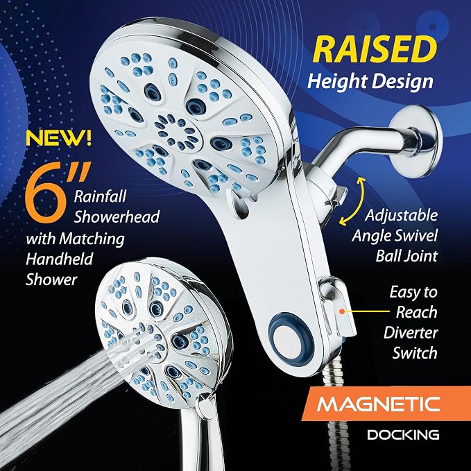 AquaCare Magneton 48-Mode High Pressure Rain & Handheld Shower Head Combo | Space-age Magnetic Guidance Docking, Dual 6-mode Heads with Hygienic Jets, Extra-long 6 ft. Stainless Steel Hose / Chrome