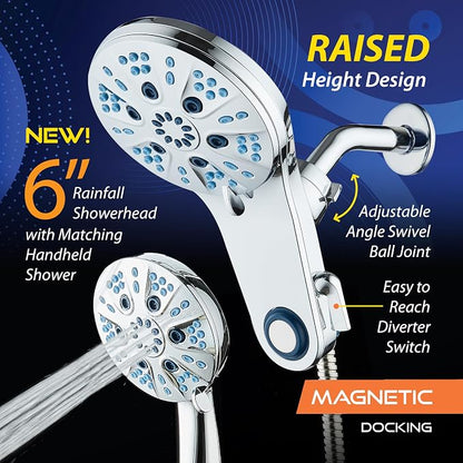 AquaCare Magneton 48-Mode High Pressure Rain & Handheld Shower Head Combo | Space-age Magnetic Guidance Docking, Dual 6-mode Heads with Hygienic Jets, Extra-long 6 ft. Stainless Steel Hose / Chrome