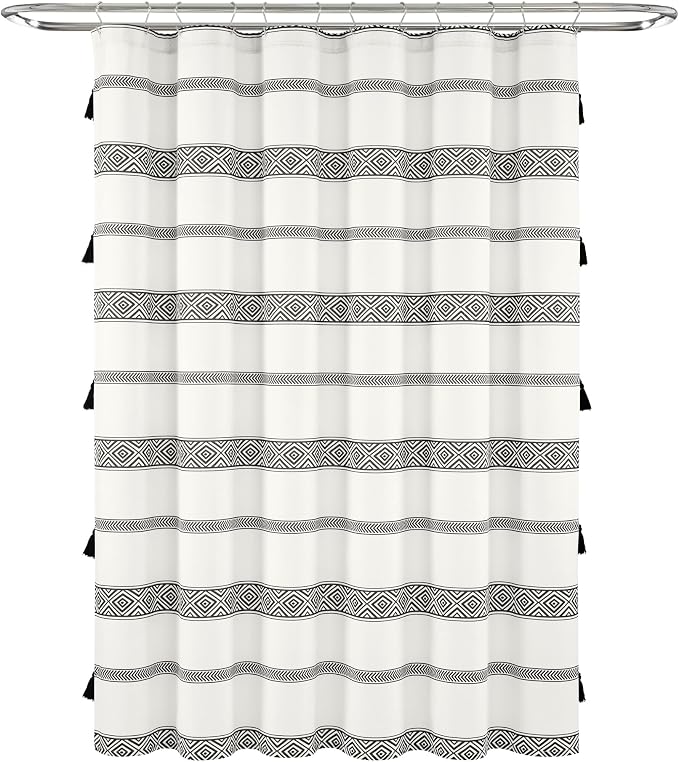 Lush Decor Ava Boho Stripe Tassel Cotton Blend Shower Curtain Single 72" W x 72" L Black & White - Striped Shower Curtains for Bathroom Curtain