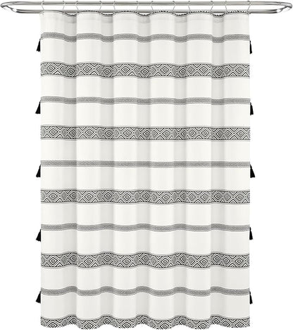 Lush Decor Ava Boho Stripe Tassel Cotton Blend Shower Curtain Single 72" W x 72" L Black & White - Striped Shower Curtains for Bathroom Curtain