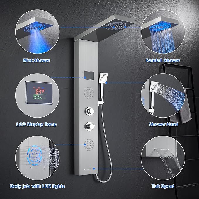 POPFLY Shower Panel Tower with LED Mist Shower Rainfall Head ＆ 2 Body Jets with LED, Tub Spout and Temperature Display, No Battery Needed Shower Tower Column System, Brushed