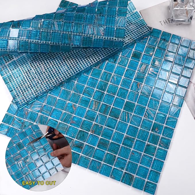 11.5 sq.ft Azure Blue Glass Mosaic Tile for Bathroom, Pool, Backsplash | Waterproof Wall & Floor Tile. Heat & frost resistant outdoors. Mesh-mounted easy install. Use any grout. Easy clean. 10pcs.