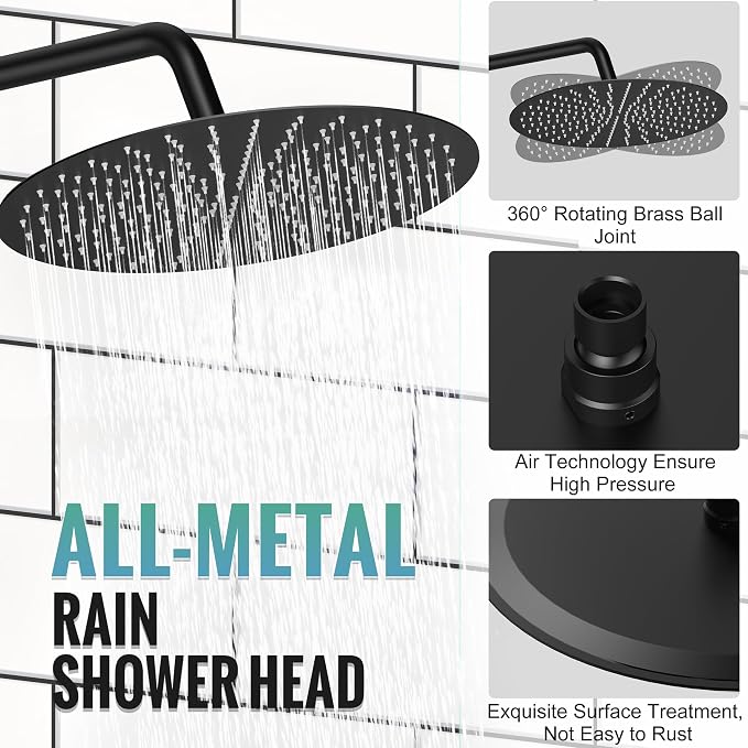 SR SUN RISE 10" Matte Black Rain Shower Faucet Set with Valve & Handheld | Dual-function High Pressure Shower System, 6-Setting Handheld, Pressure-balanced Valve Anti-Scald, Push-button Diverter