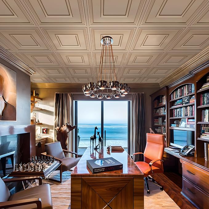 STICKGOO Glue-Up Ceiling Tiles, Golden Coffee, 24 x 24 in, 12 Pack | 2 x 2ft Drop ceiling panels, PVC decorative ceiling tiles, covers 48 sq ft, waterproof, lightweight