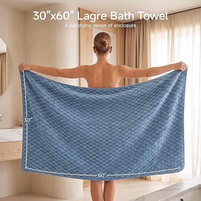 REDKISS Blue Gray Microfiber Bath Towel Large, 31”x 61” 4 Pack | Super Absorbent, Quick Dry, Super Soft, Lint Free, Fluffy Towel for Bathroom, Spa, Gym, Travel, Dorm, Ideal Everyday Use