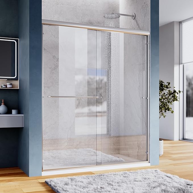 SUNNY SHOWER 60 in.W x 72 in.H Glass Shower Door, Semi Frameless Double Sliding Shower Door, 1/4" Clear Glass, Chrome Finish