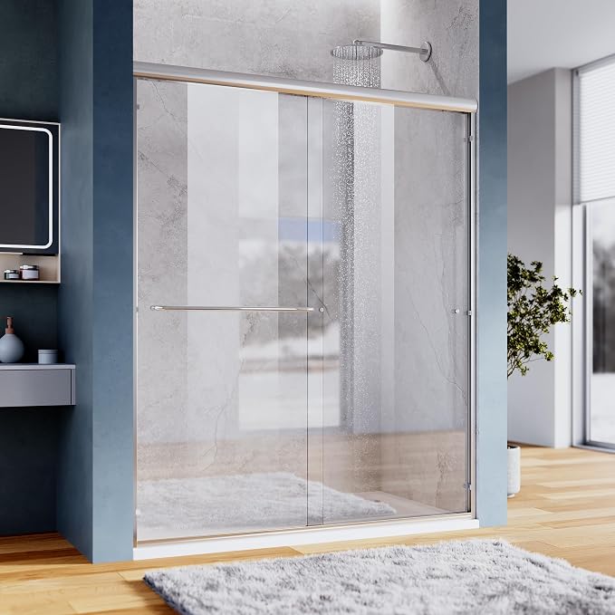 SUNNY SHOWER Doors Glass Sliding Semi-Frameless Shower Glass Door, 1/4" Clear Glass, 52.5-54" W x 72" H Bathroom Sliding Shower Enclosure Chrome Finish
