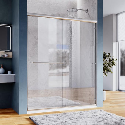 SUNNY SHOWER Doors Glass Sliding Semi-Frameless Shower Glass Door, 1/4" Clear Glass, 52.5-54" W x 72" H Bathroom Sliding Shower Enclosure Chrome Finish