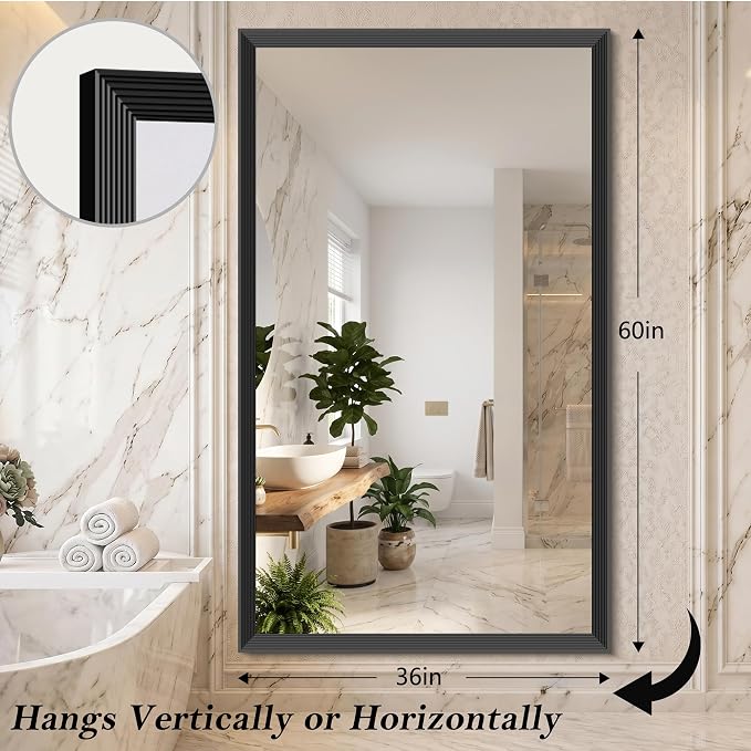 DESBING Large Bathroom Mirror for Over Sink, 60” x 36” Black Rectangle Bathroom Mirrors for Double Vanity, Metal Ribbed Textured Framed Wall Mirror for Bathroom, Living Room, Bedroom,Dressing Room