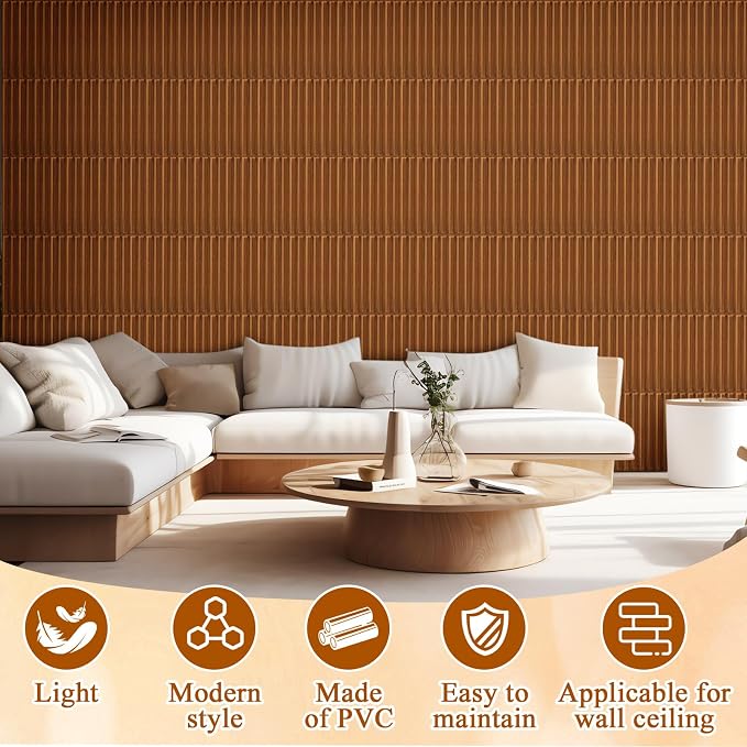 Nuanchu 32 Pcs 3D Wall Panels, 12"x12" PVC Fluted Tiles, Walnut | Waterproof Accent Panels, Paintable Wall Tiles, for TV Background, Bedroom, Bathroom, Gaming Room, Cuttable Home DIY Decor