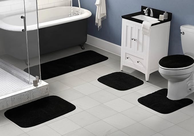 Garland Rug Traditional Nylon Washable Black 5 Piece Set - Lid, Contour, 3 Bath Rugs - Soft, Absorbent, and Stylish for Your Bathroom