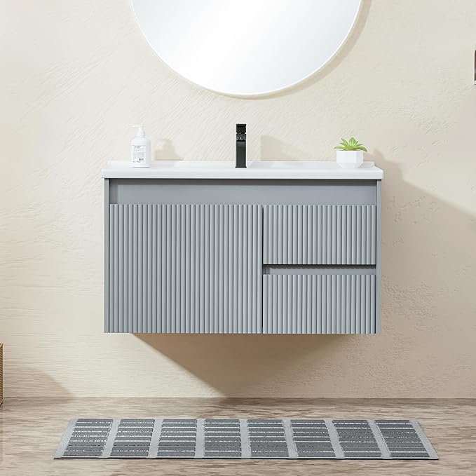 Floating Bathroom Vanity 32 Inch, Wall Mounted Bathroom Vanity with Ceramic Sink and 2 Drawers for Storage, Modern Wave-Carved Design Wooden Sink Cabinet, Grey
