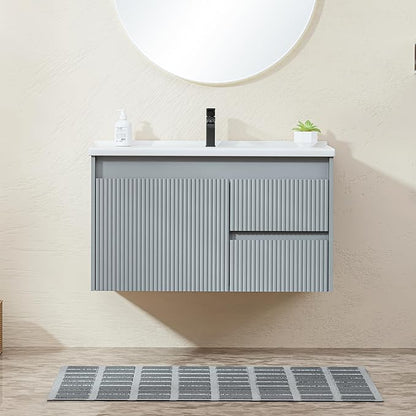 Floating Bathroom Vanity 32 Inch, Wall Mounted Bathroom Vanity with Ceramic Sink and 2 Drawers for Storage, Modern Wave-Carved Design Wooden Sink Cabinet, Grey