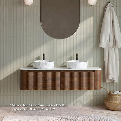 60" Preassembled Double Floating Bathroom Vanity with Carrara Sink, Walnut | Mid-Century Modern Style, Fluted & Soft-Close Drawer with U-shaped Wall, Sinterted Stone Countertop, Towel Rack Included