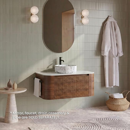 36" Preassembled Floating Bathroom Vanity with Carrara Finish Sink, Walnut | Mid-Century Modern Style, Fluted & Soft-Close Drawer with U-shaped Wall, Sinterted Stone Countertop, Towel Rack Included