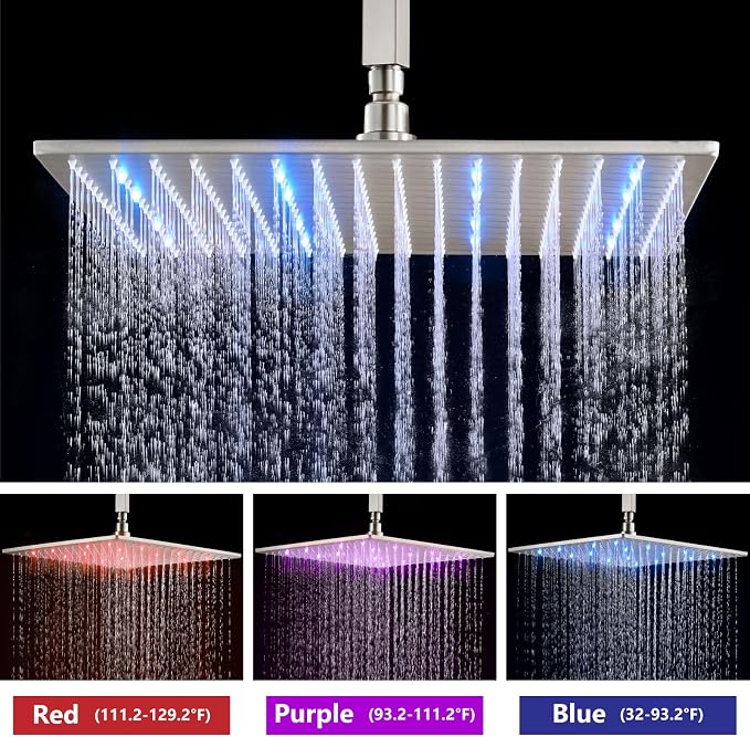 Aolemi Ceiling Shower Faucet Set with Handheld 16" LED Head Brushed Nickel | Handheld Spray,16 Inch Rain LED Head,Shower Valve and Trim Kit,All Metal,Ceiling System,Bathroom Mixer