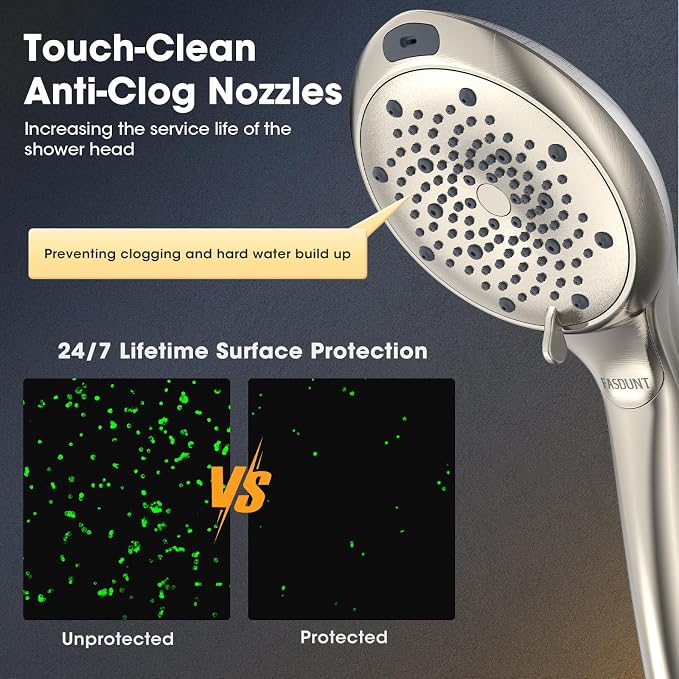 FASDUNT High Pressure Filtered Handheld Shower Head, Brushed Nickel | 80" Long Stainless Steel Hose, Built-in Power Wash, Anti-clog Nozzles, Filter Beads for Hard Water, Remove Chlorine