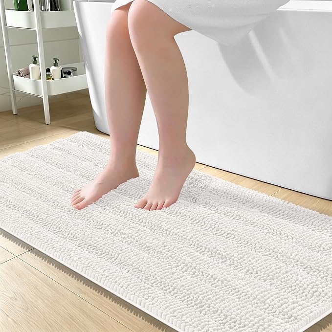 OLANLY Thick Large Bathroom Rugs 50x30, Soft Chenille Bath Rugs, Ivory | Absorbent Striped, Rubber Backing, Machine Wash Dry, Bath Mats for Bathroom Floor, Tub and Shower, Home Decor Accessories