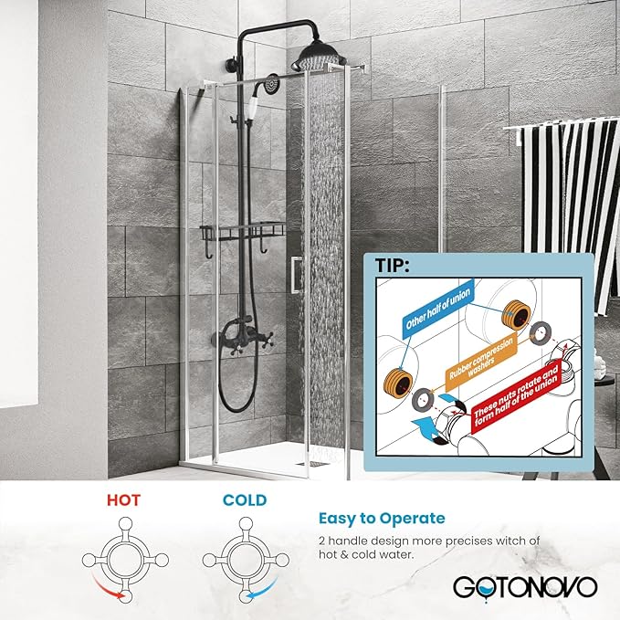 gotonovo Matte Black 8 inch Rainfall Shower Head Dual Functions Wall Mounted Exposed Shower Faucet with Shower Shelf Double Cross Handles With Adjustable Ceramics Handheld Sprayer Shower Shower System