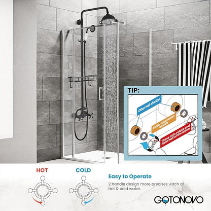 gotonovo Matte Black 8 inch Rainfall Shower Head Dual Functions Wall Mounted Exposed Shower Faucet with Shower Shelf Double Cross Handles With Adjustable Ceramics Handheld Sprayer Shower Shower System