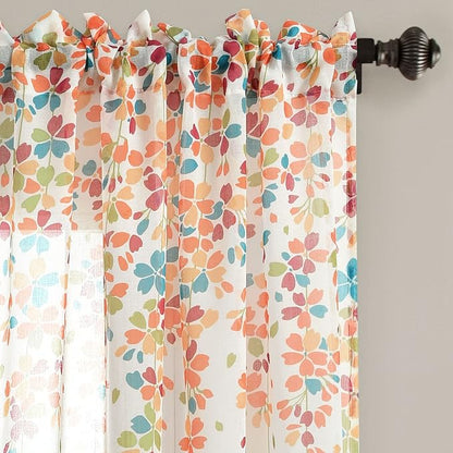 Lush Decor Weeping Flower Sheer Window Curtain Panels, Pair, 38" W x 84" L + 2" Header, Turquoise & Tangerine - Farmhouse Sheer Curtains - Floral Curtains for Living Room, Bedroom & Dining Room