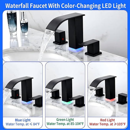 Bathroom faucets 3 Hole Widespread Modern Bathroom Sink Faucet 8 inch Matte Black Bathroom 3 Hole LED Light Waterfall Vanity Faucet Sink with Pop Up Drain (Matte Black)