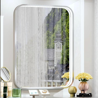 24"x32" Silver LED Bathroom Mirror,Adjust 3000K/4500K/6000K Light | Stepless Dimmable, Anti-Fog, Memory Funtion, Aluminum Frame Wall Mount Lighted Vanity Mirror, ETL Cert‌, Horizontal/Vertical