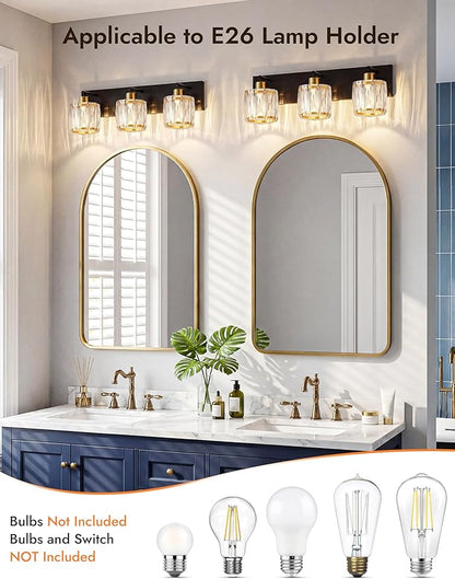 VOLISUN Crystal Vanity Lights for Bathrooms, 3 Light Bathroom Vanity Light, Black and Gold Bathroom Light Over Mirror, Modern Bathrooms Lights Fixtures-UL Certificated(Exclude Bulb)