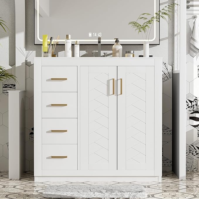 Merax Herringbone Single Sink Bathroom Vanity, Freestanding 36" Modern Bathroom Vanity Storage Cabinet with 3 Drawers and 2 Doors, Solid Wood Frame