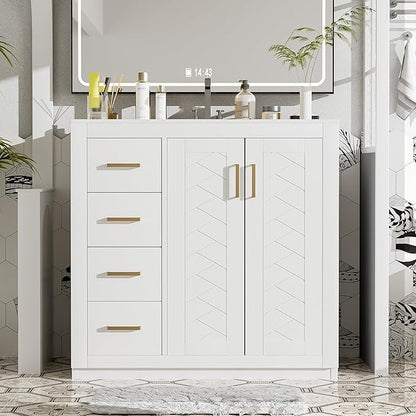Merax Herringbone Single Sink Bathroom Vanity, Freestanding 36" Modern Bathroom Vanity Storage Cabinet with 3 Drawers and 2 Doors, Solid Wood Frame