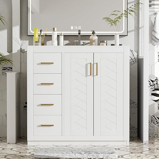 Merax Herringbone Single Sink Bathroom Vanity, Freestanding 36" Modern Bathroom Vanity Storage Cabinet with 3 Drawers and 2 Doors, Solid Wood Frame