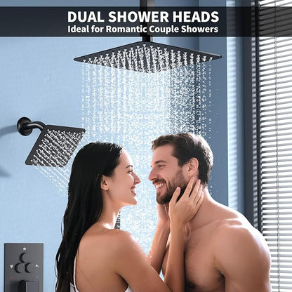 Shower Faucet Set Shower System - EMBATHER Push Button Diverter Dual Shower Faucet Valve Kit with Rainfall Ceiling Mount 10 Inch Shower Head 6 Inch Wall Mount, for Couple (Standard-10'', Matte Black)