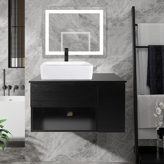 28-Inch Black Floating Bathroom Vanity with 1-Door and 1-Drawer, Modern Wall Mounted Cabinet with Square White Ceramic Vessel Sink