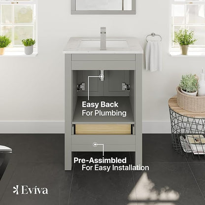 Eviva London 24 in. Gray Single Sink Bath Vanity with Carrara Quartz Top and Undermount Porcelain Sink