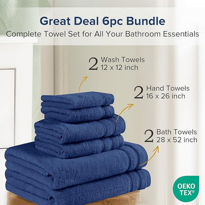 Comfort Spaces Luxury Bath Towel Set - 6 Piece: 2 Large, 2 Hand, 2 Washcloth - 100% Cotton, Quick Dry, Soft, Indigo Navy Blue