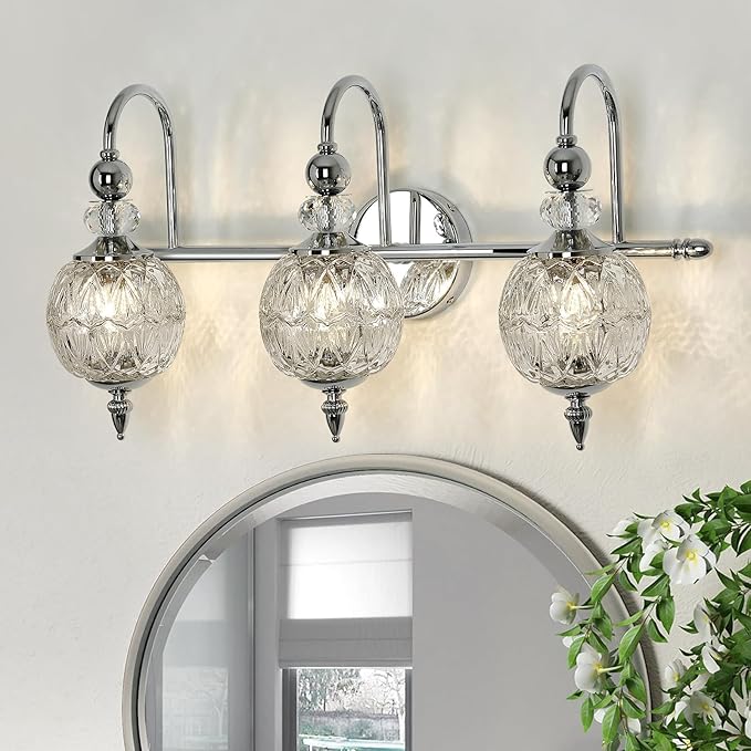 Modern Bathroom Light Fixtures Polished Chrome Vanity Light with Glass Globe LampShade 3 Lights Mid Century G9 Bulb Wall Sconce Indoor Vanity Light Over Mirror for Bedroom Kitchen Hallway